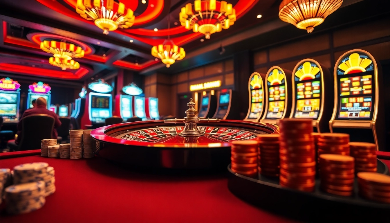 Experience the excitement of betting at Man88 with vibrant casino elements like roulette, poker chips, and dynamic slot machines.