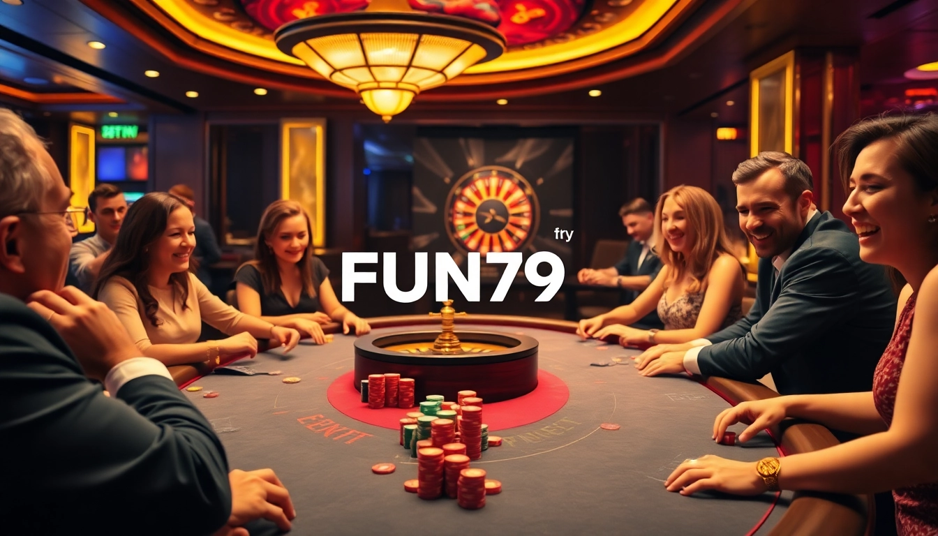 Experience thrilling gameplay at FUN79 with engaged gamblers around vibrant poker tables in a luxurious casino.