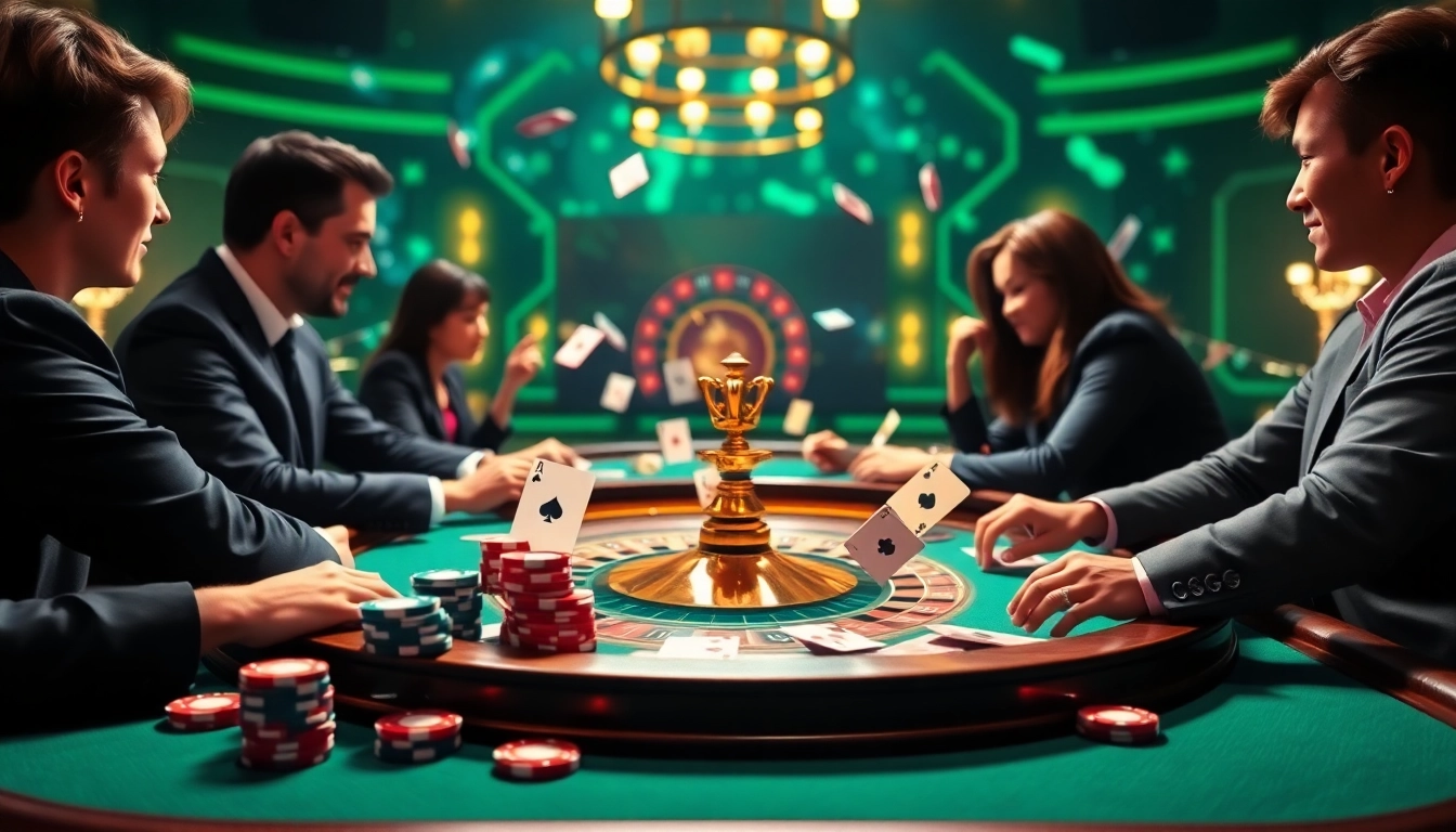 Players enjoying a lively game at the ClubGG poker club table, surrounded by vibrant poker elements.