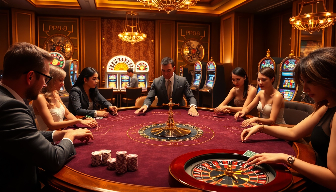 Glamorous gamblers enjoying an exciting game at the kp88 casino table amidst luxury and thrill.