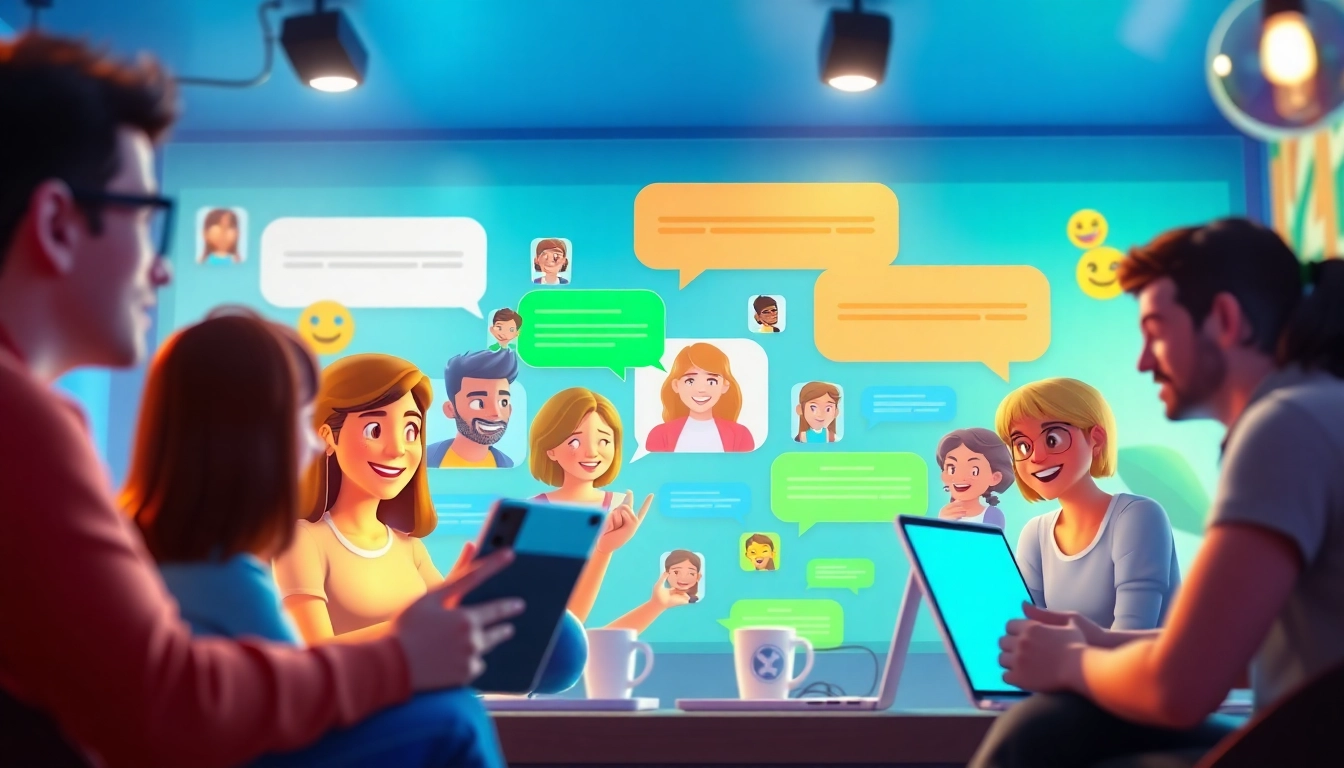 مشهد جذاب يُظهر شات فله مع أفاتارات حيوية وفقاعات المحادثة في مجتمع إلكتروني نابض بالحياة.