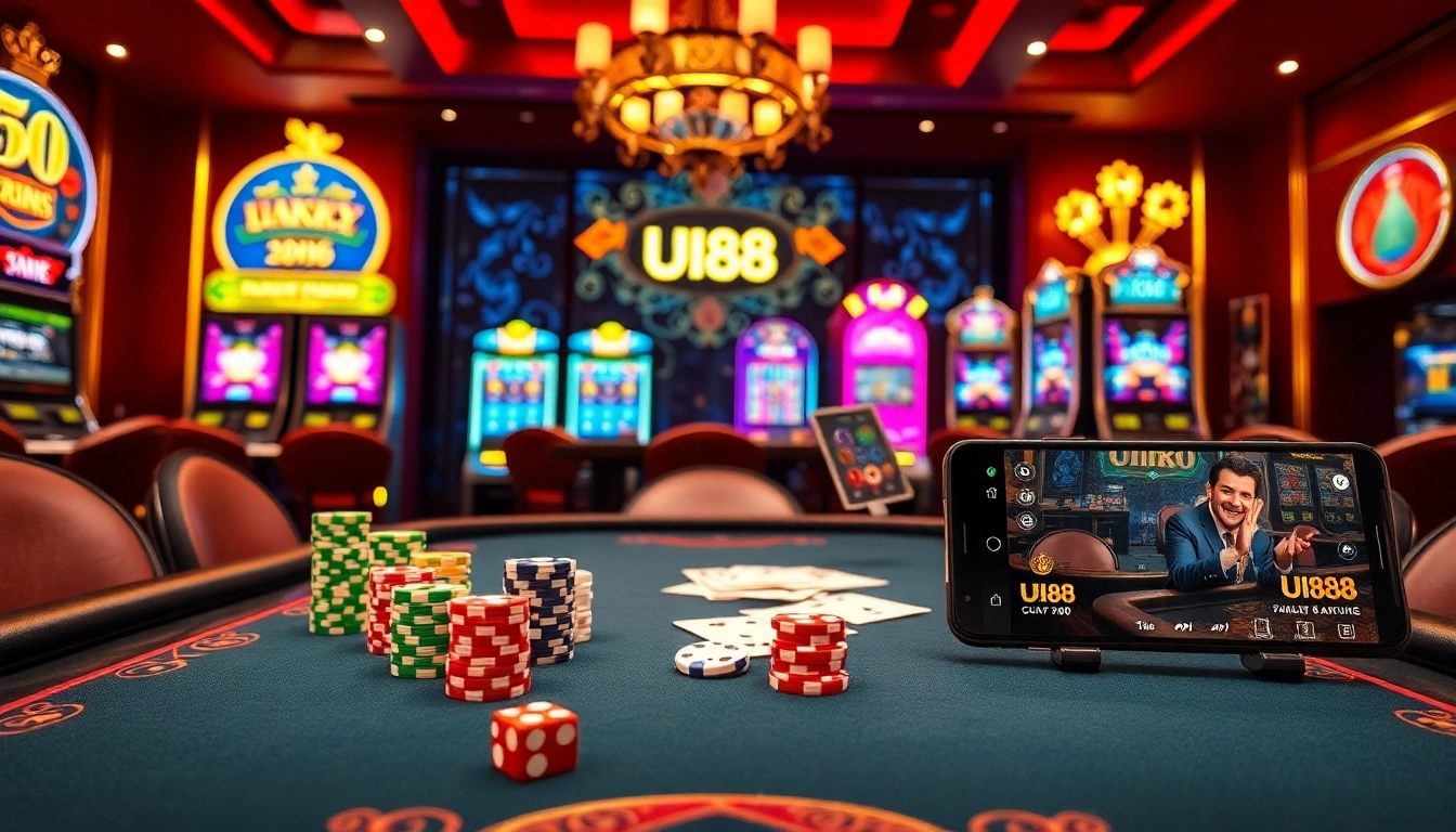 Experience thrilling high-stakes gameplay at UU88 with vibrant casino tables and exciting gambling elements.