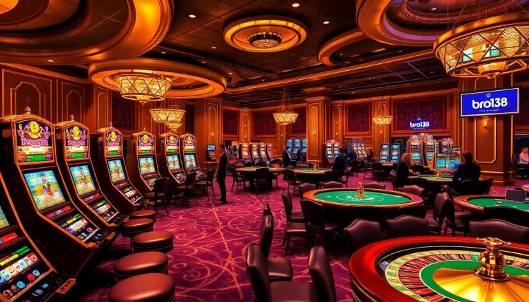 Engage in thrilling slot action at bro138's premium casino with vibrant visuals and elegant ambiance.