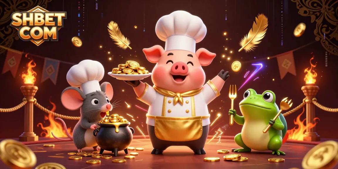 Bet on exciting games with SHBET COM where a chef pig serves gold coins in a vibrant casino scene.