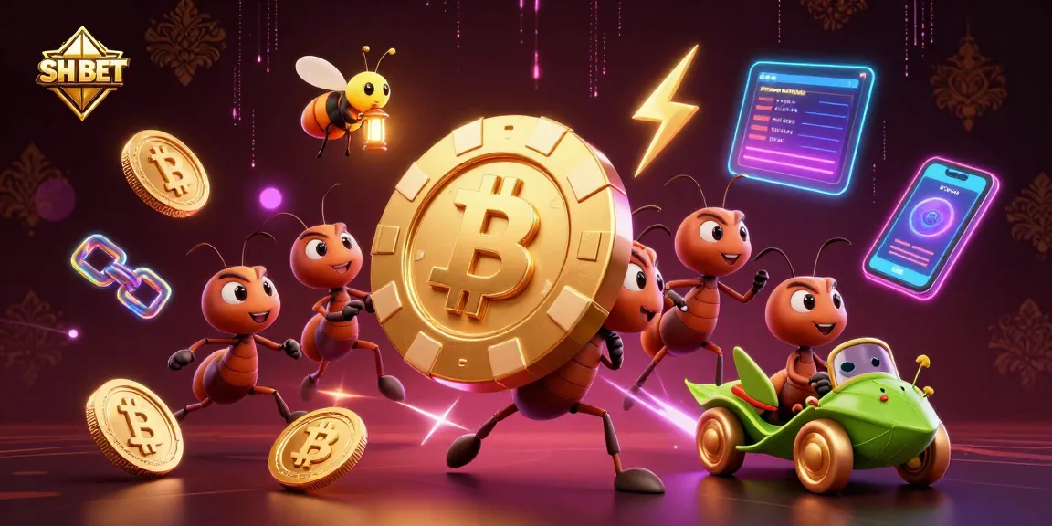 Engage with SH BET in a vibrant 3D casino scene featuring animated ants heisting a massive golden poker chip.