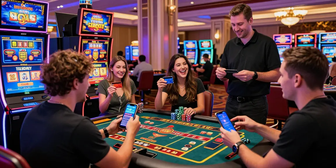 Exciting scene at credit card casino sites with diverse players enjoying games, vibrant neon lights, and engaging atmosphere.