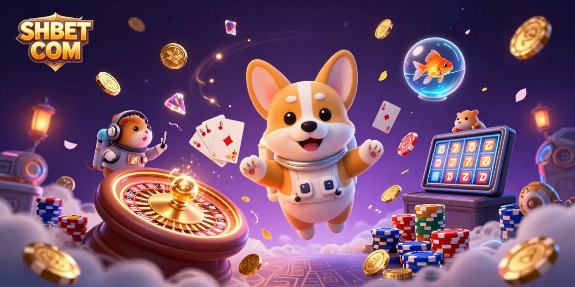 Experience vibrant gaming with SHBET COM in a cosmic casino featuring an astronaut corgi, a hamster, and golden coins.
