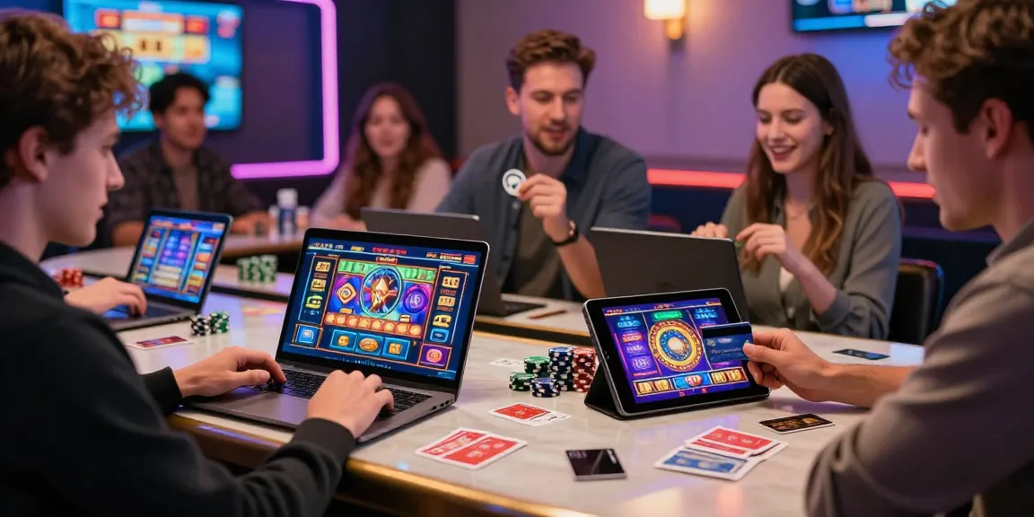 Engaging casino scene showing players using credit cards at gaming stations, highlighting the excitement of credit card casinos for UK players on https://thebls.org.uk.