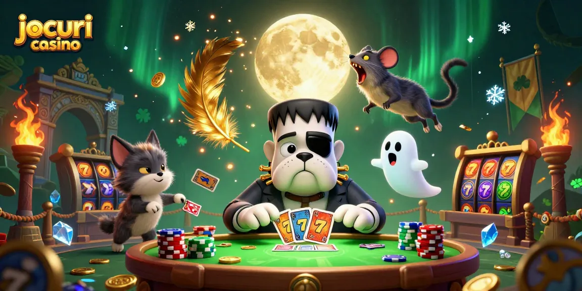 Jocuri casino captivante cu un bulldog monstru care împarte cărți la o masă învăluită în mister.