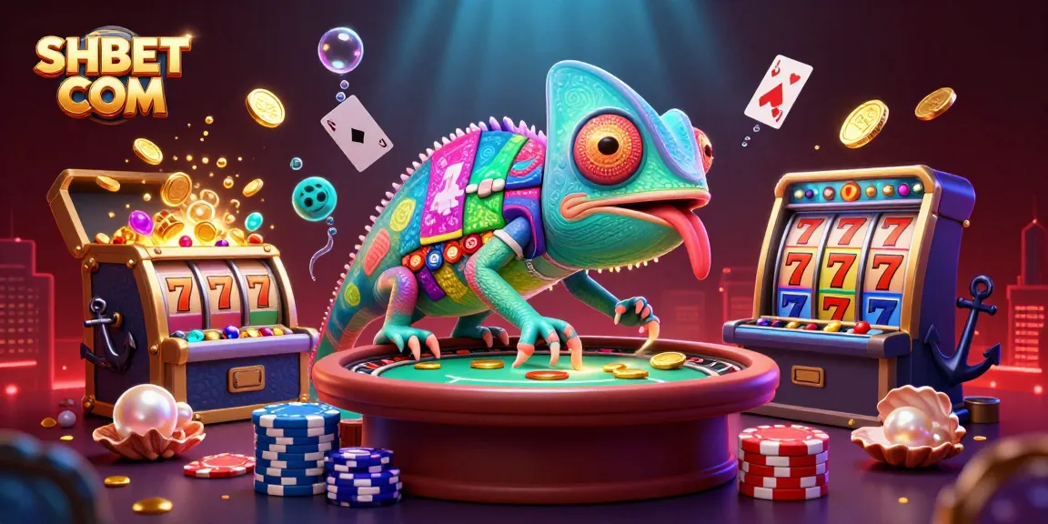 Engaging chameleon casino owner in a vibrant scene promoting SHBET COM online gambling, featuring dynamic slot elements.