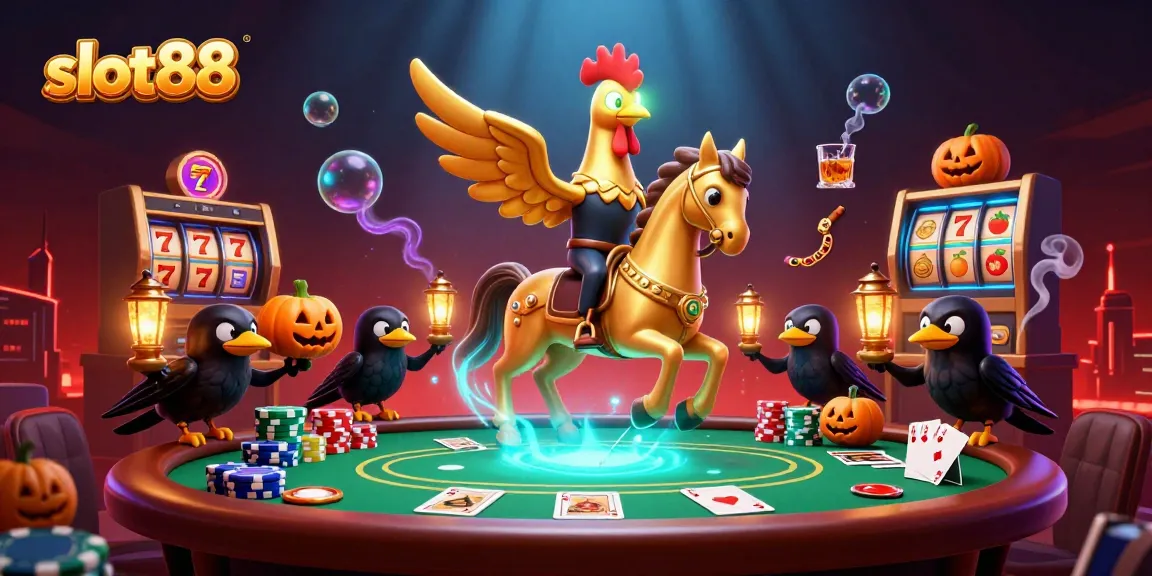 Slot88 memperlihatkan momen seru perjudian dengan karakter unik dalam ilustrasi 3D yang keren.