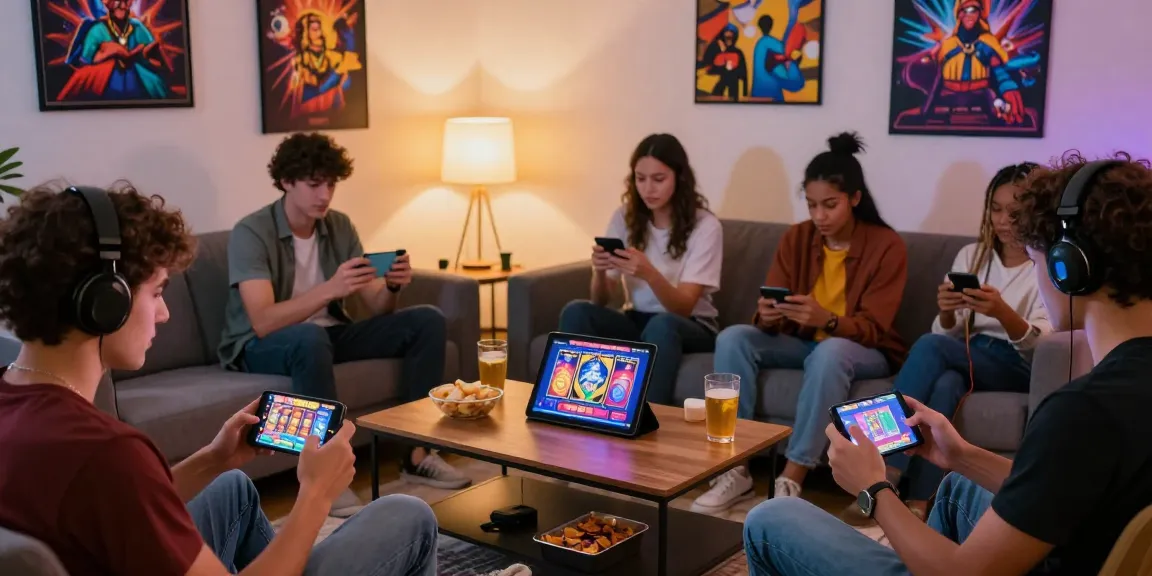 Players enjoying new online slot sites in a cozy living room, showcasing vibrant game graphics and a lively atmosphere.