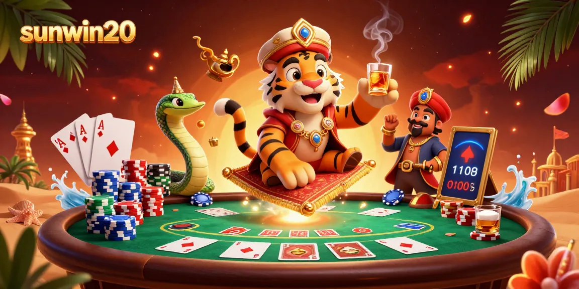 Experience thrilling action at the casino with sunwin20, featuring a colorful sultan and poker themes.