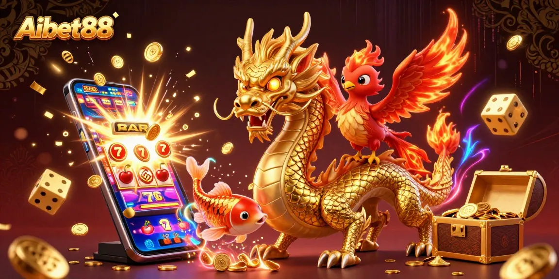 Aibet88 showcases an exciting casino scene with a golden dragon, phoenix, and koi fish amidst slot machines and coins.