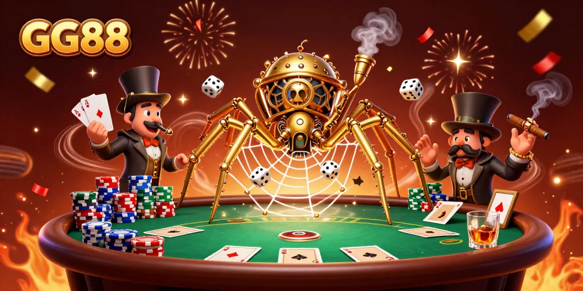 Win big at GG88 with a vibrant steampunk-themed casino illustration showcasing a golden spider and poker elements.