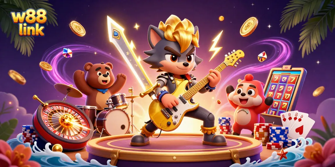 Win big with the latest w88 link, featuring a dynamic casino scene and energetic characters.
