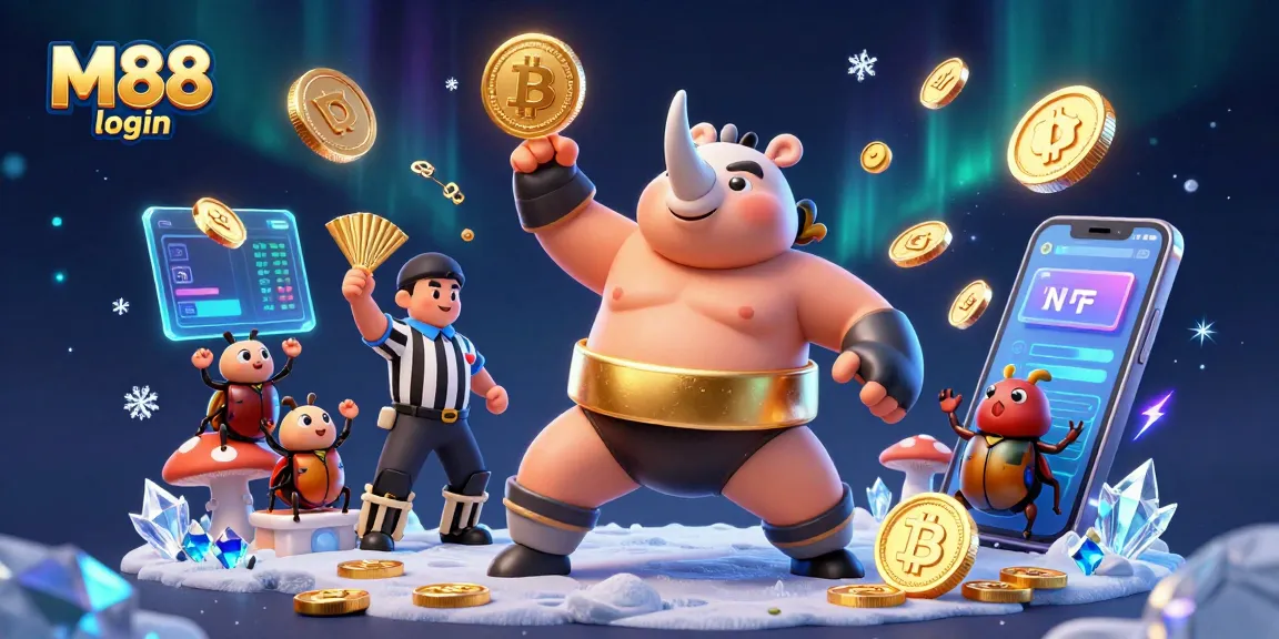 M88 login scene with a sumo champion beetle and referee cricket in vibrant casino action.