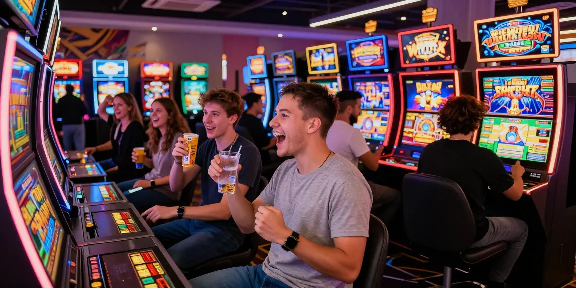 Exciting players enjoying bonus buy slots at a vibrant casino.