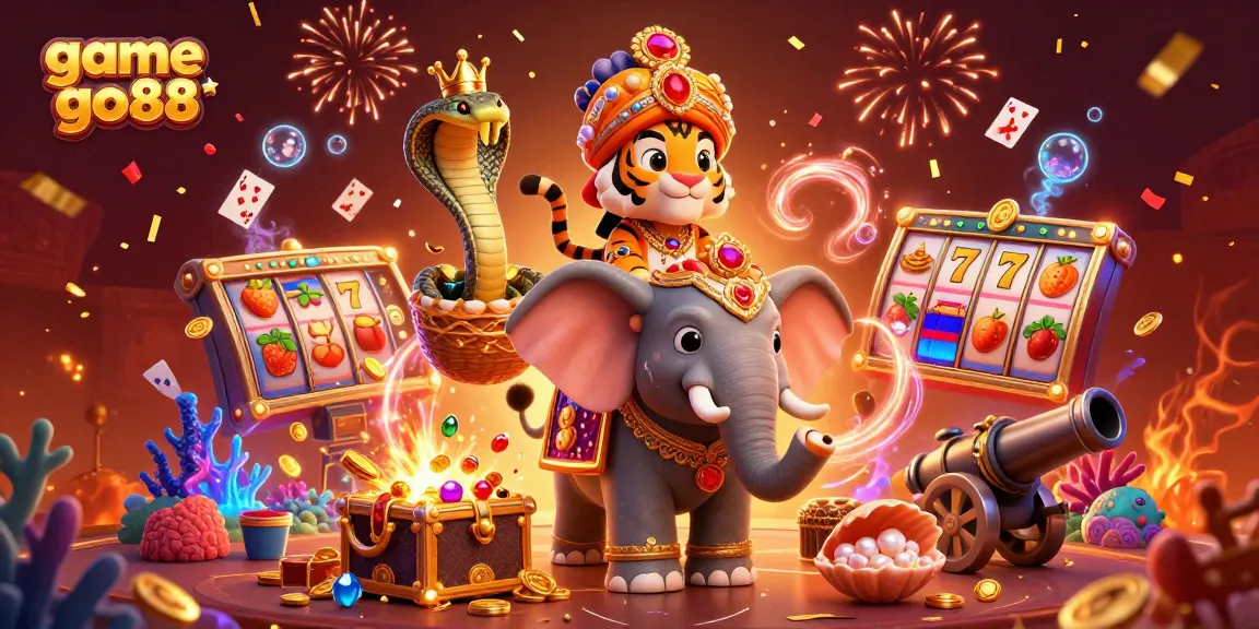 Engage with the vibrant world of game go88 as a maharaja rides a jewel-encrusted elephant surrounded by casino elements.