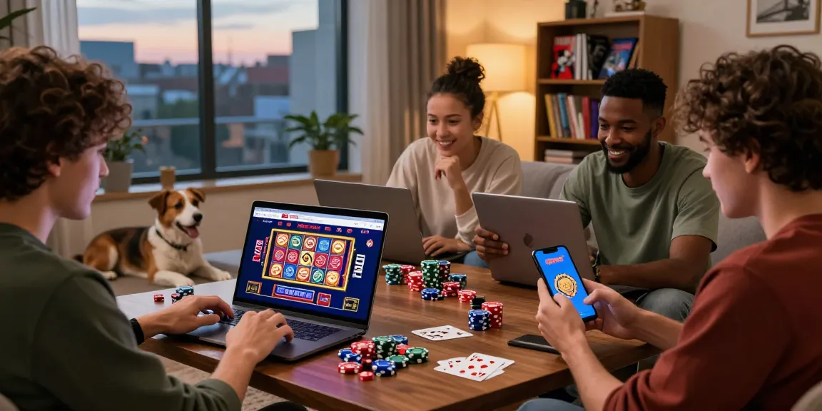 Engaging non UK casino scene with players enjoying online gaming in a cozy living room.