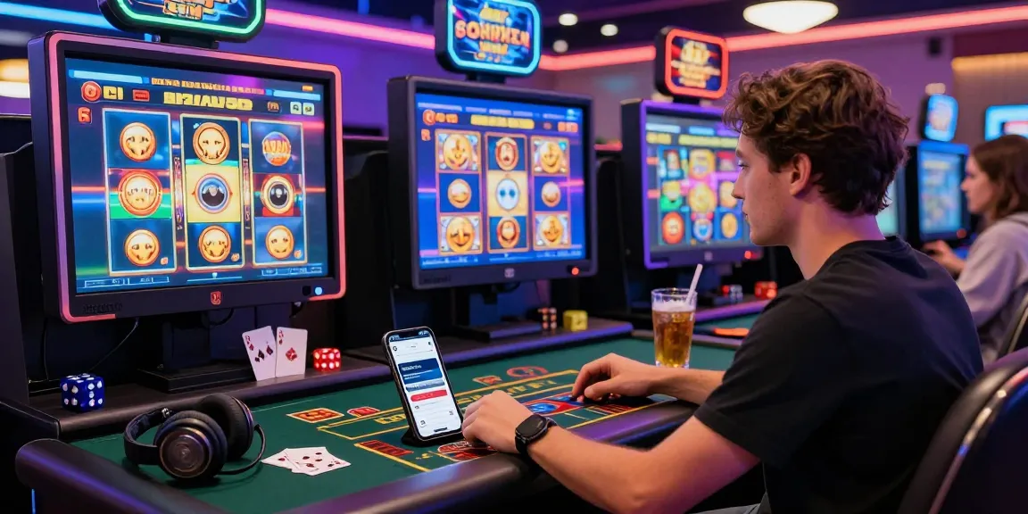 Exciting gaming scene showing a player at casinos that accept credit cards with festive decor and vibrant screens.