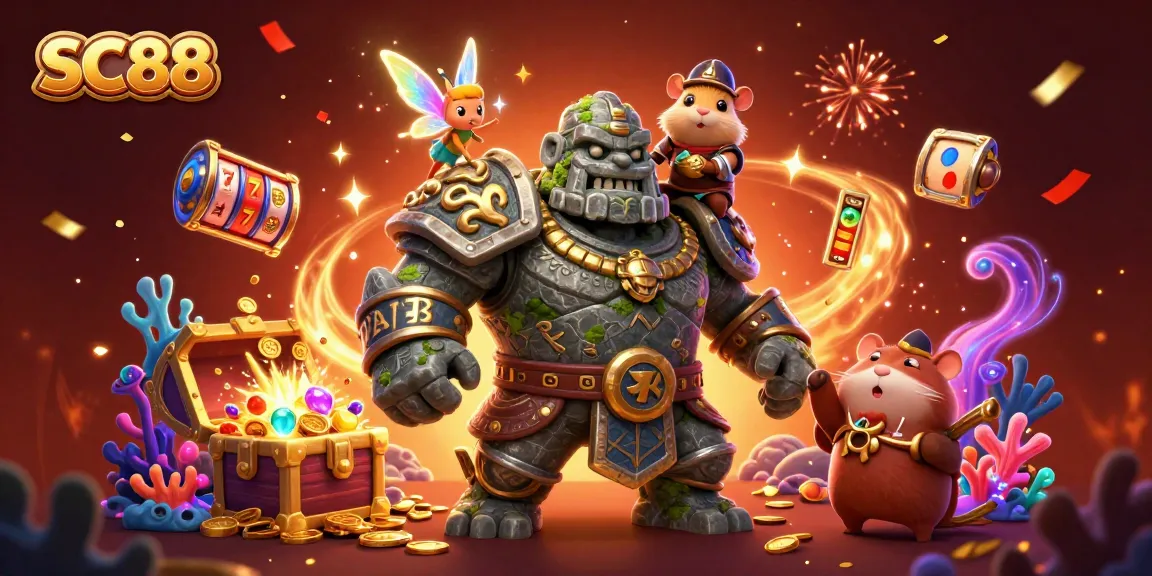 Experience SC88's magical casino adventure with a golem, fairy, and hamster knight amidst vibrant treasures.